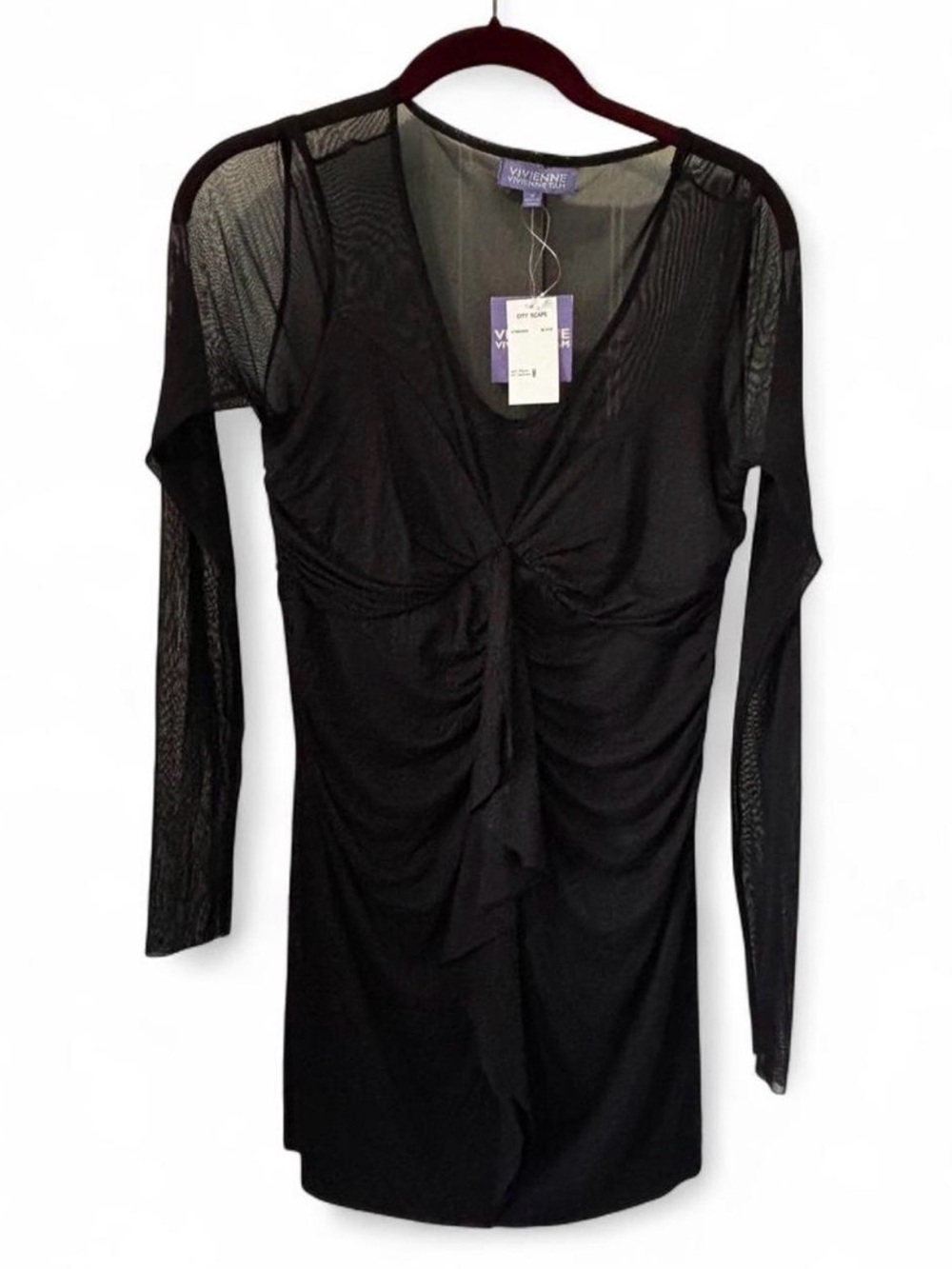Vivienne Tam Black Long-Sleeve Sheer Mesh Ruched Top